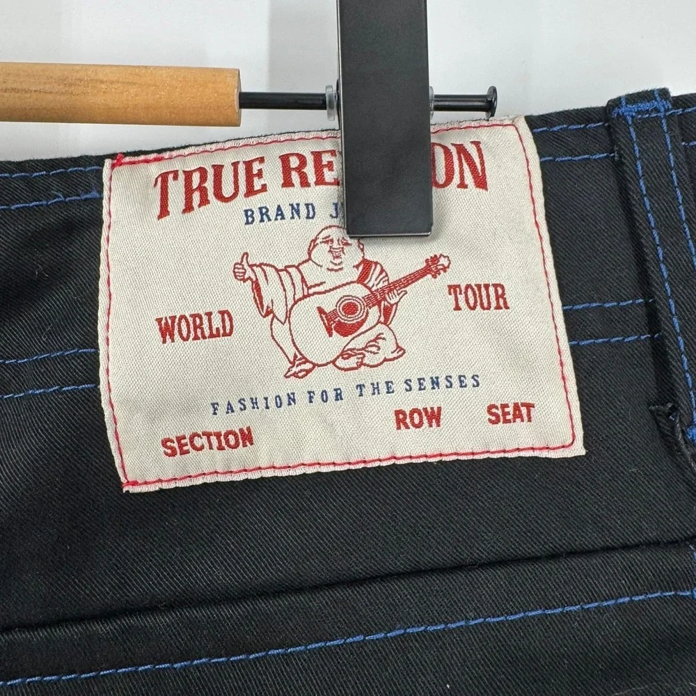 True Religion Mens Cargo Pants Jet Black‎ Pacific Blue Contrast Stitch Size 34